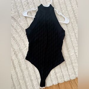 Black Textured Halter Bodysuit